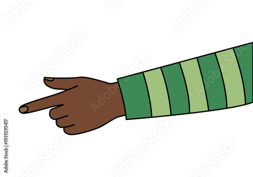 Brazo con manga a rayas verdes y mano de piel oscura señalando hacia la izquierda