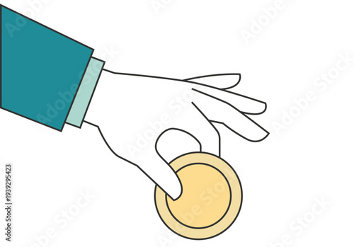 Mano con manga azul que sostiene o sujeta una moneda dorada circular