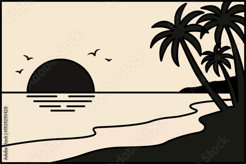 Silueta de un atardecer en la costa con palmeras frente al mar y aves volando en el horizonte