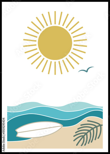 Composición minimalista de una playa con sol radiante, tabla de surf, olas azules y una hoja de palmera