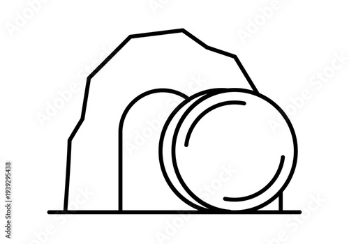 Icono de entrada a una cueva de piedra con una gran roca circular desplazada hacia un lado del sepulcro de Jesucristo