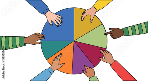 Manos de diversas personas colaborando sobre un gráfico circular de sectores coloridos