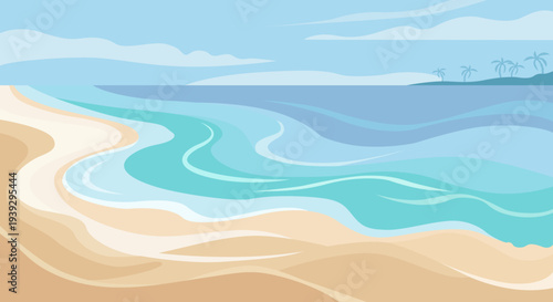 Paisaje costero con playa de arena dorada y olas del mar bajo un cielo despejado