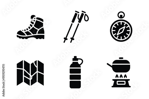 Black hiking gear including boots, trekking poles, compass, tent, gas canister, and stove