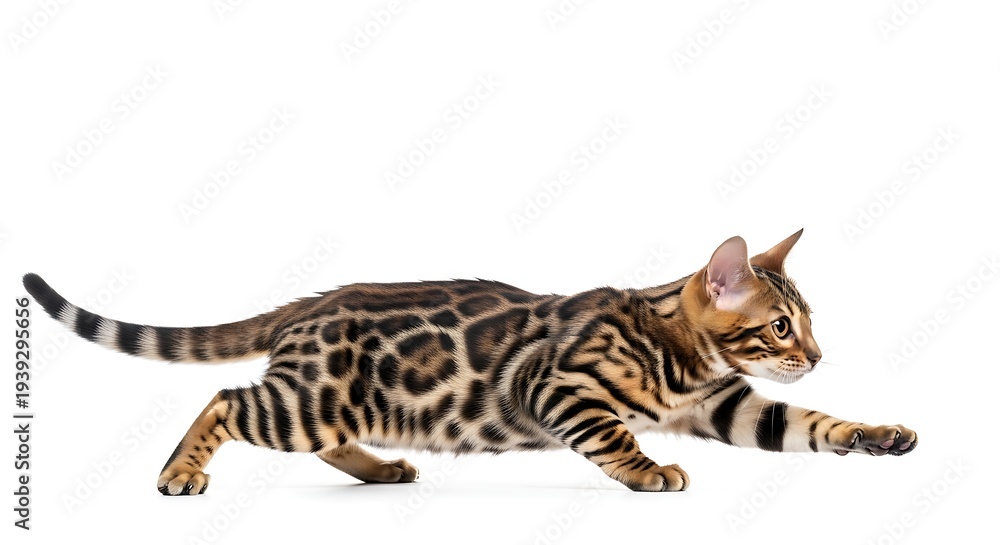 Naklejka premium Graceful Bengal cat in dynamic stride across a clean white background, showcasing its agility