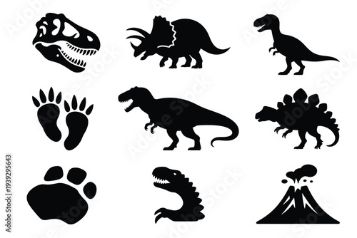Black silhouettes of dinosaurs and volcano prehistoric 1