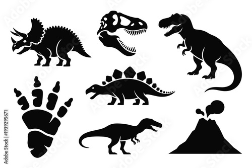Black silhouettes of dinosaurs and volcano triceratops