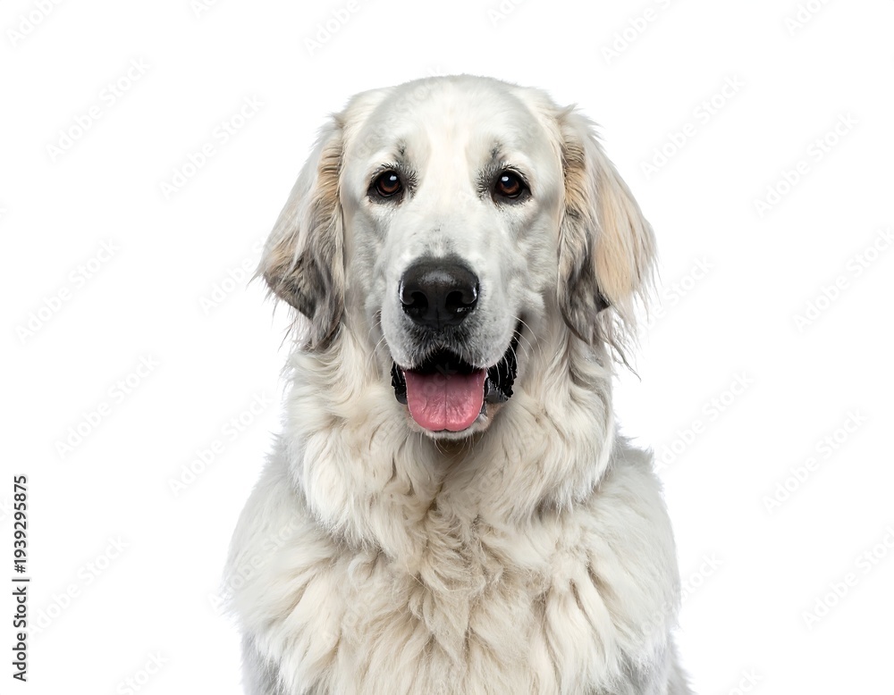 Obraz premium White-furred dog, centered portrait view, with dark nose and dark eyes, mouth slightly open, tongue visible