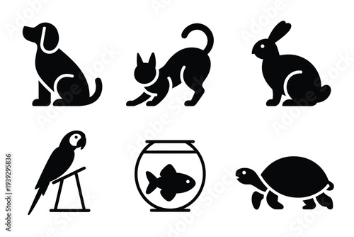 Black silhouettes of dog cat rabbit bird fish and turtle 2