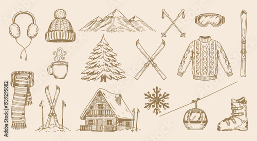 Hand drawn doodle ski essentials collection. Hand drawn doodle ski essentials collection. Winter activities