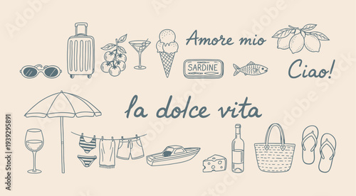 Hand drawn retro mediterranean summer illustrations. Mediterranean summer vacation illustration set in sketch style. Italian holiday elements