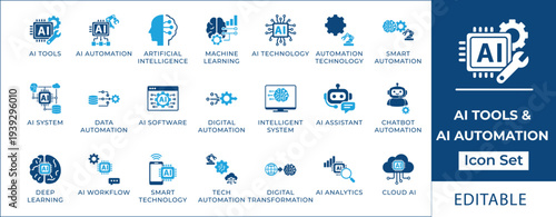 AI tools and automation icon set featuring artificial intelligence, machine learning, deep learning, chatbot, neural network, smart technology, and digital transformation symbols.