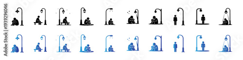 Lonely Person Under Street Lamp Illustration Set