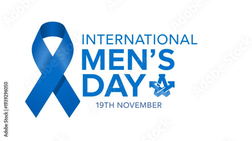 This graphic features a large blue ribbon icon next to the text "INTERNATIONAL MEN'S DAY" and the date 19th November on a clean white background.
