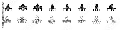 Sad and Lonely People Sitting on Benches Icons