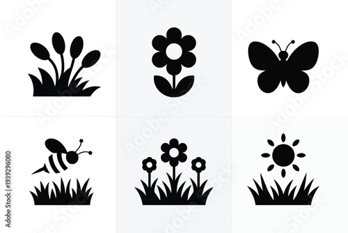 Black silhouettes of nature and insects flower butterfly