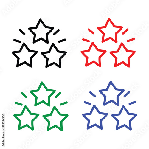 Shining premium three stars, excellence award, outline icons. Line signs sparkling 3 five-pointed stars with rays. Vector isolated pictograms for web and app on white background editable stroke.