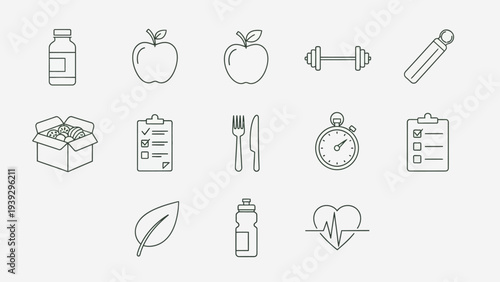 Healthy lifestyle and fitness line icons on a white background.