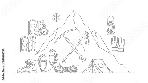 Mountain climbing and hiking gear illustration set.