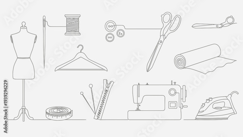 Continuous line drawing of sewing and tailoring tools collection on white background.
