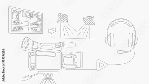 Line art illustration of sports broadcasting equipment.