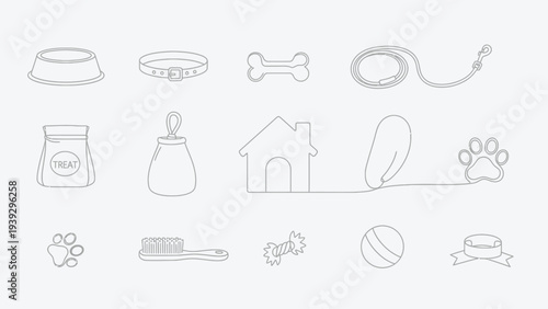 Collection of minimalist line art dog accessories and pet care icons