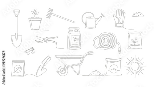 One line drawing of gardening tools and supplies set on white background