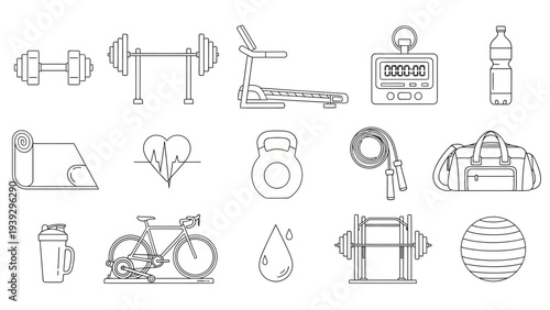 A collection of fitness and gym equipment outline icons.