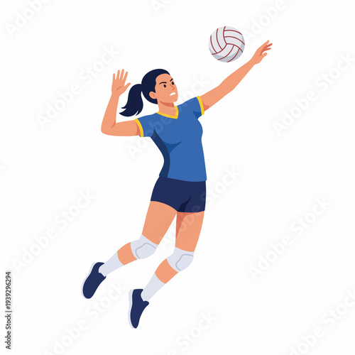 An energetic depiction of a female volleyball player serving in a match, capturing her athleticism and the spirit of competitive sports.