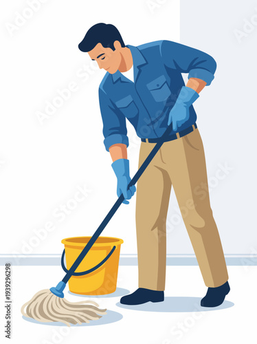 A clean and modern illustration of a man mopping the floor, showcasing cleanliness and hard work in maintaining an organized living space.