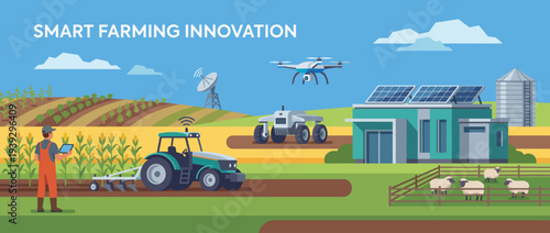 An engaging illustration of modern agriculture featuring advanced farming technology, including drones and smart tractors, representing innovation in farming and efficient food production.