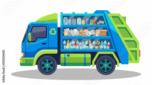 A vibrant illustration of a recycling truck filled with various types of recyclable waste, set against a clean background, promoting sustainability and eco-friendly attitudes.