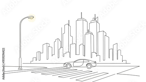 Minimalist city street scene with a modern car and illuminated street light.