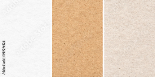 A set of white paper sheets and recycled brown cardboard textures features a blank vintage pattern with aged parchment and rough grunge material for an antique surface design
