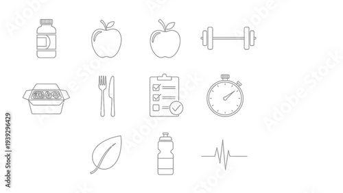 Healthy Lifestyle and Fitness Vector Icons Set