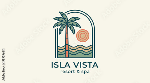 The logo for Isla Vista resort features a stylized palm tree, sunset, and waves, portraying a relaxing coastal getaway full of sunshine and warmth.