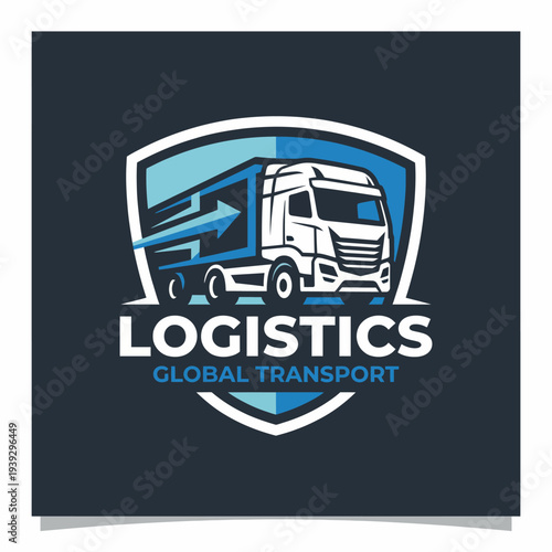 A modern logo design for a logistics company, featuring a truck and a shield, symbolizing efficient global transport and reliable service in the logistics industry.