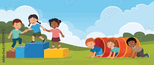 A colorful illustration depicting children engaged in playful activities, showcasing teamwork and friendship while they navigate a playful landscape with fun structures.