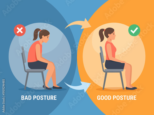 A helpful illustration contrasting good versus bad posture, emphasizing the importance of maintaining proper body alignment while sitting for health and wellness benefits.