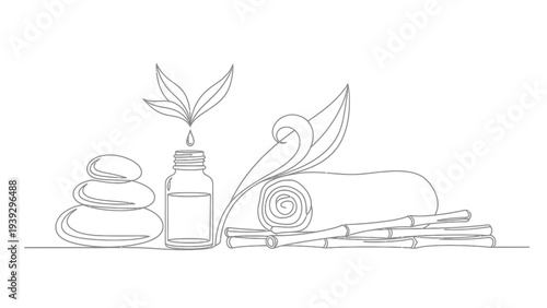 Continuous line art of spa therapy and wellness essential oil for relaxation.