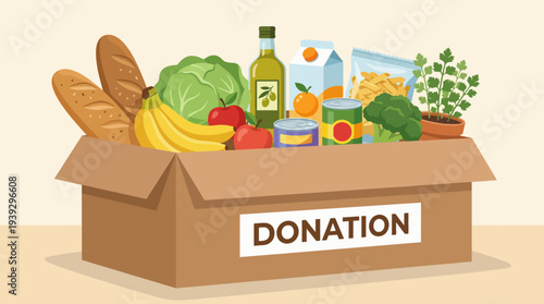 An illustration of a donation box filled with healthy food items such as fruits, vegetables, and canned goods, symbolizing community support and kindness.