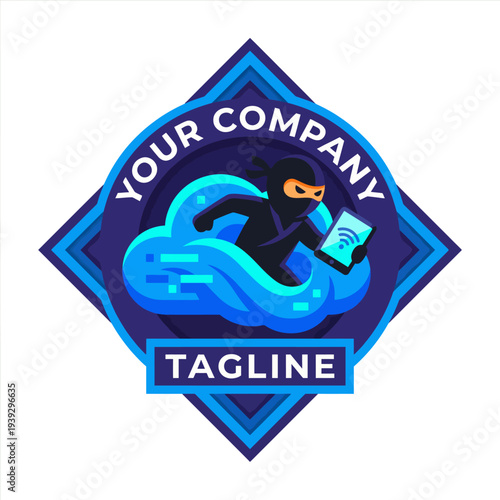 Foto This logo features a ninja character interacting with a cloud, symbolizing agility and innovation in the tech industry, perfect for any modern digital company