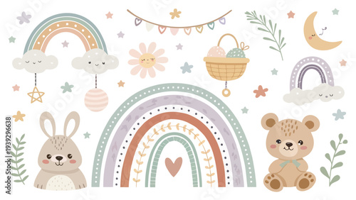 Whimsical nursery decor with rainbow, teddy bear, and bunny illustrations