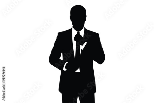 Black silhouette of man in suit with red tie standing