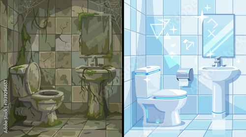 A split image showing a dramatic transformation of a bathroom from dirty and neglected to pristine and shiny, highlighting cleanliness and renovation contrasts.