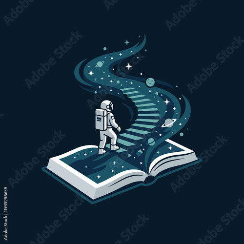 An imaginative illustration of an astronaut walking through space via an open book, symbolizing exploration, knowledge, and the limitless journey of imagination.
