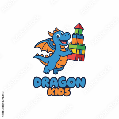 A cheerful blue cartoon dragon is happily holding building blocks, promoting creativity and playfulness, perfect for a kids' brand targeted at imaginative children.