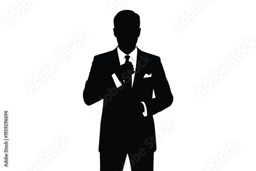 Black silhouette of man in suit holding phone pocket square
