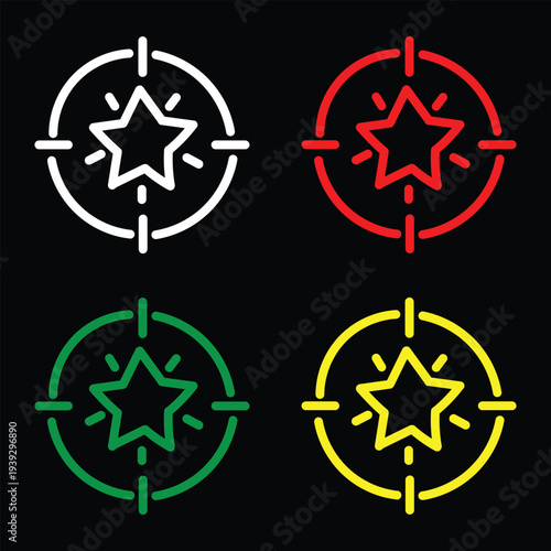 Choice bonuses and loyalty, seeking benefit outline icons. Line signs aim with a shining five-pointed star. Vector isolated pictograms for web and apps on white background editable stroke. 
