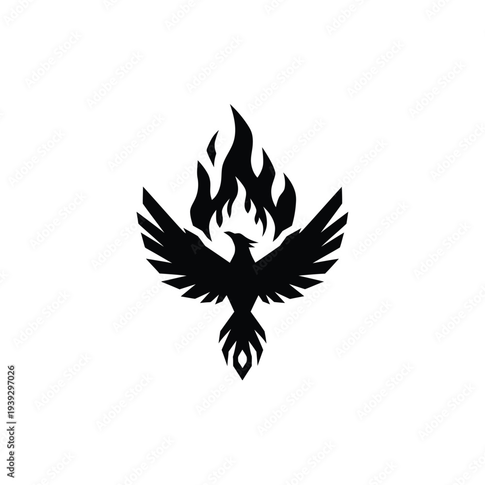 Obraz premium Phoenix rising from flames in minimalist silhouette with dramatic black on white background for design